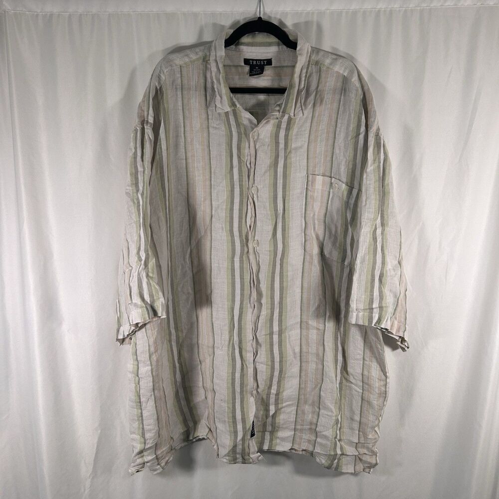 Trust 100% Linen Shirt Men's 4X Green White Striped Button Up Short Sleeve